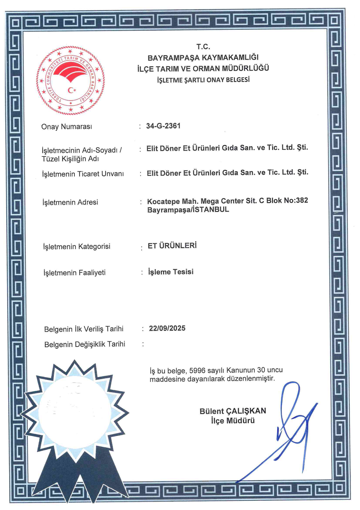 İşletme Şartlı Onay Belgesi - Et Ürünleri