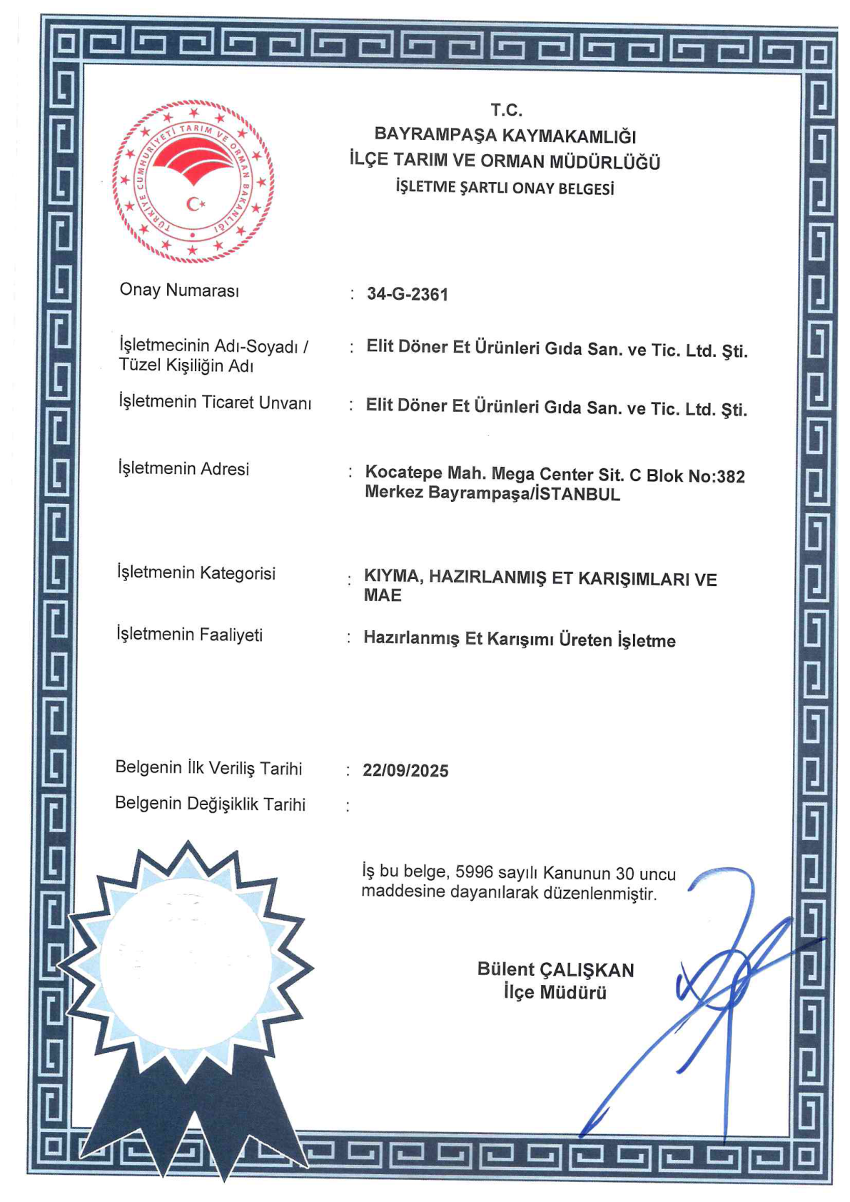 İşletme Şartlı Onay Belgesi - Kıyma